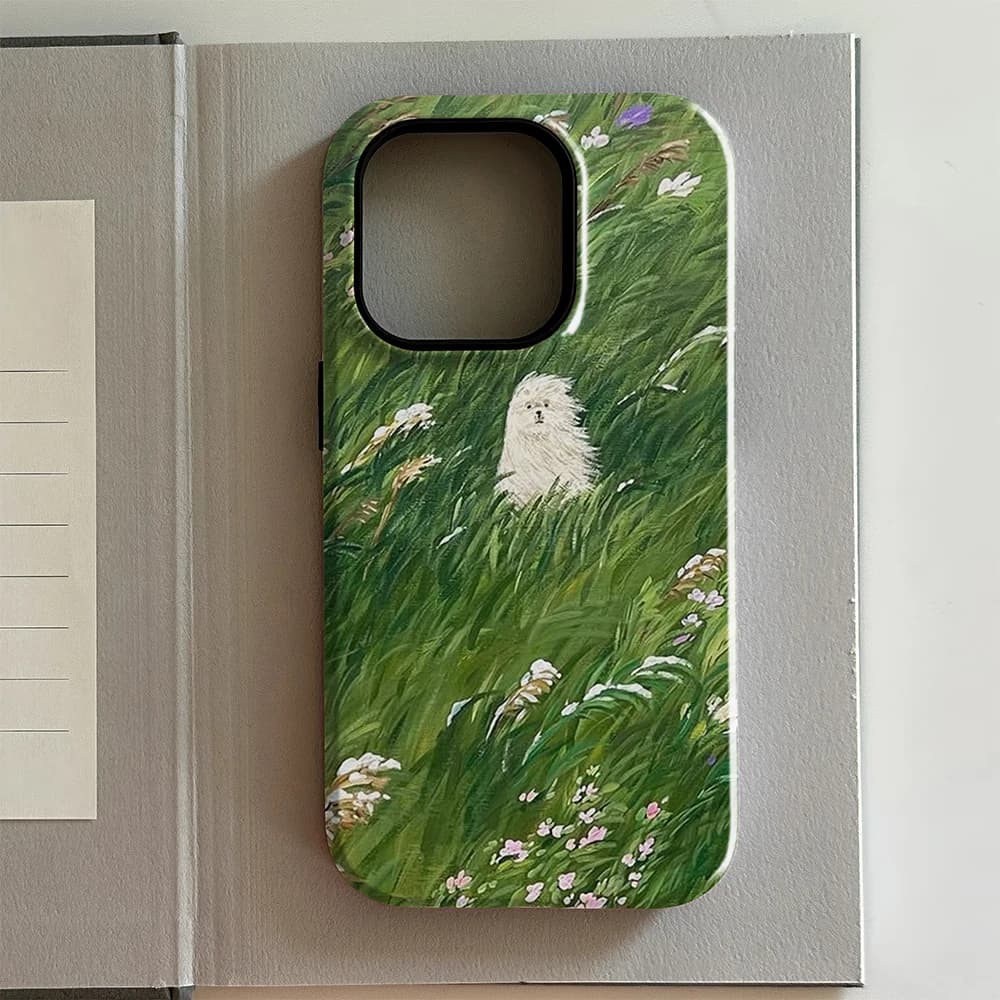 Clmj Luxury New Ins Grass and Flowers Messy Dog Phone Case for iPhone 16 15 14 13 12 11 X XS 7 8 Pro Max Plus Double-layer Cover