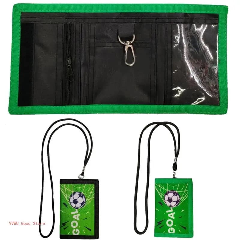 Kids Small Wallet for Boy Trifold Youth Wallet with Lanyard Zippered Coin Pocket Card Holders Football Pattern Purse