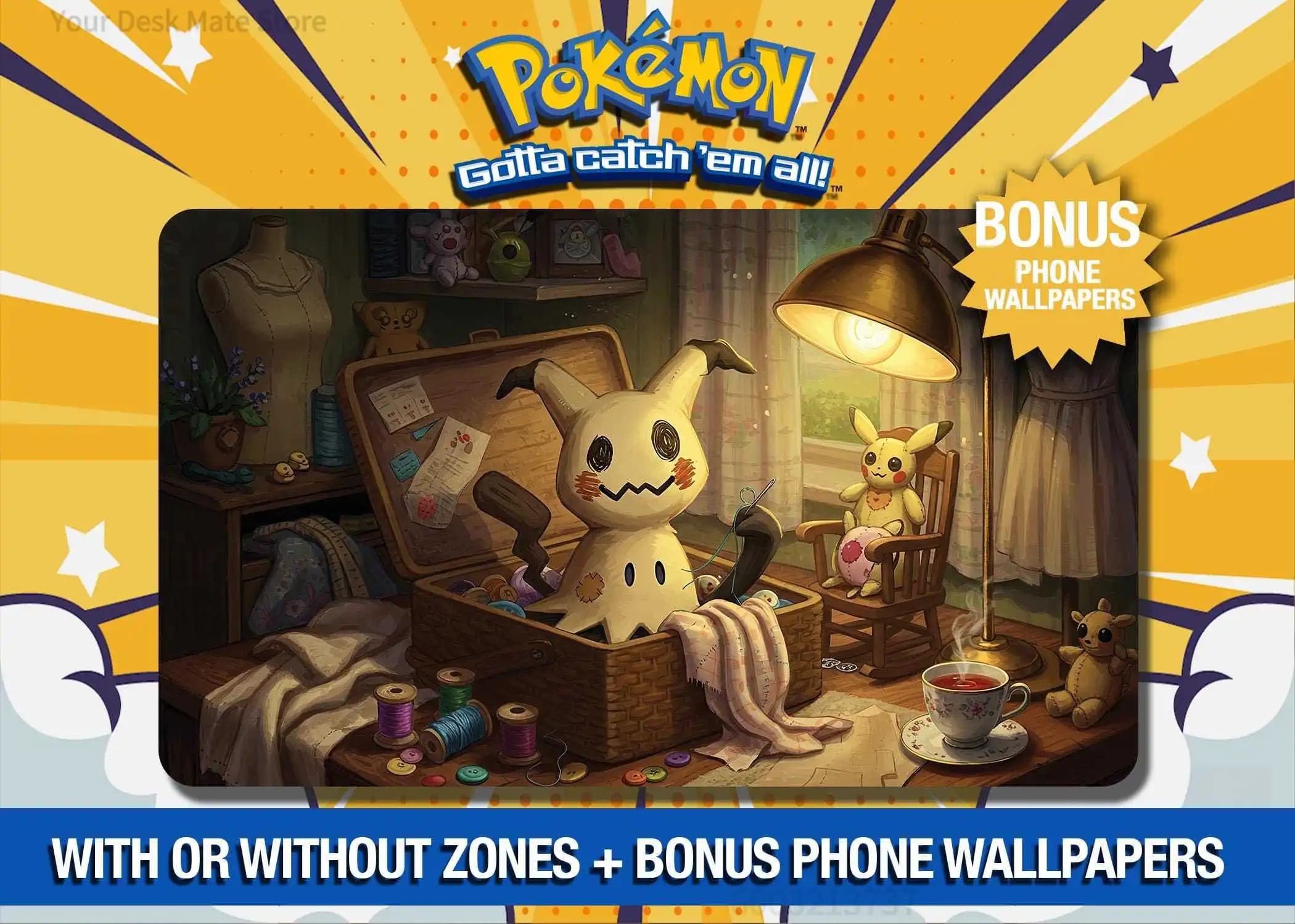 Vintage Room Mimikyu Pokemon TCG Playmat, Non‑Slip Large Desk Mat, Waterproof Cute Anime Gaming Keyboard Pad