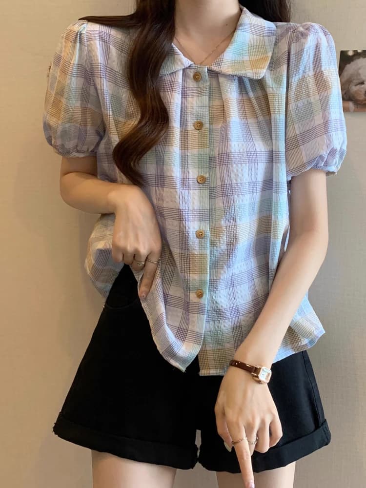 Plaid Doll Collar Short Sleeve Shirt Women Summer plus Size Slimming Belly Cover Stylish Top Age-Defying Blouse