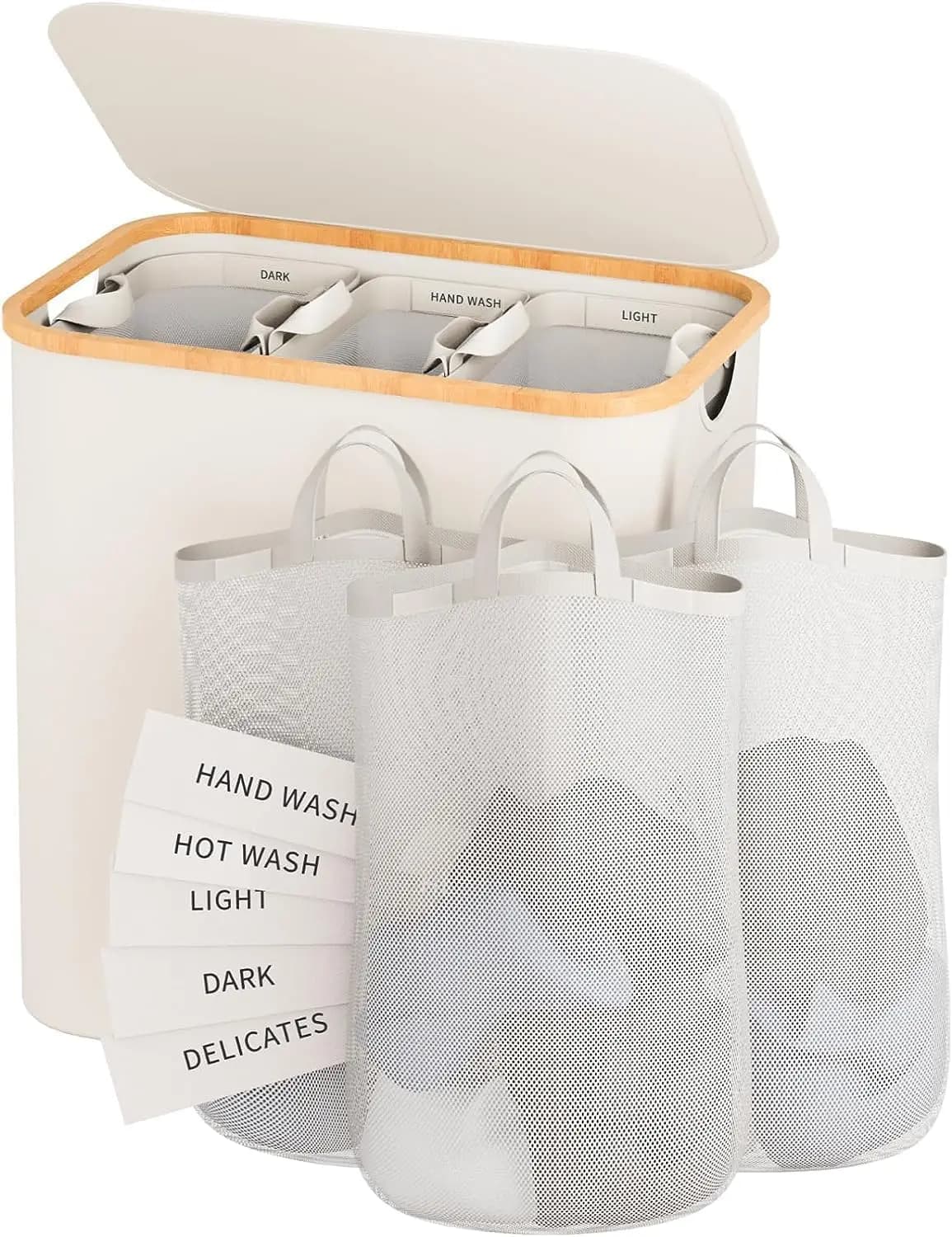 Cesto Portabiancheria Grande da 160L con Coperchio, 3 Scomparti, Sacchi Rimovibili ed Etichette, Beige