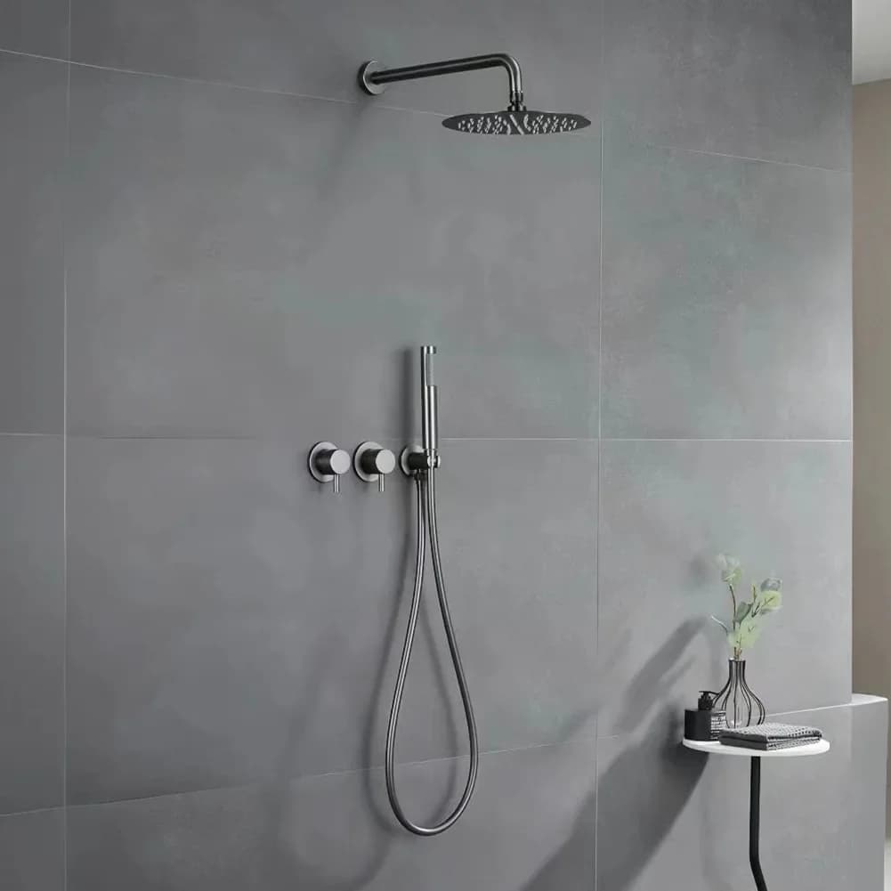 Luxury Concealed Shower System, Gray Color, Copper, Embedded Wall-Mounted Shower Head Set