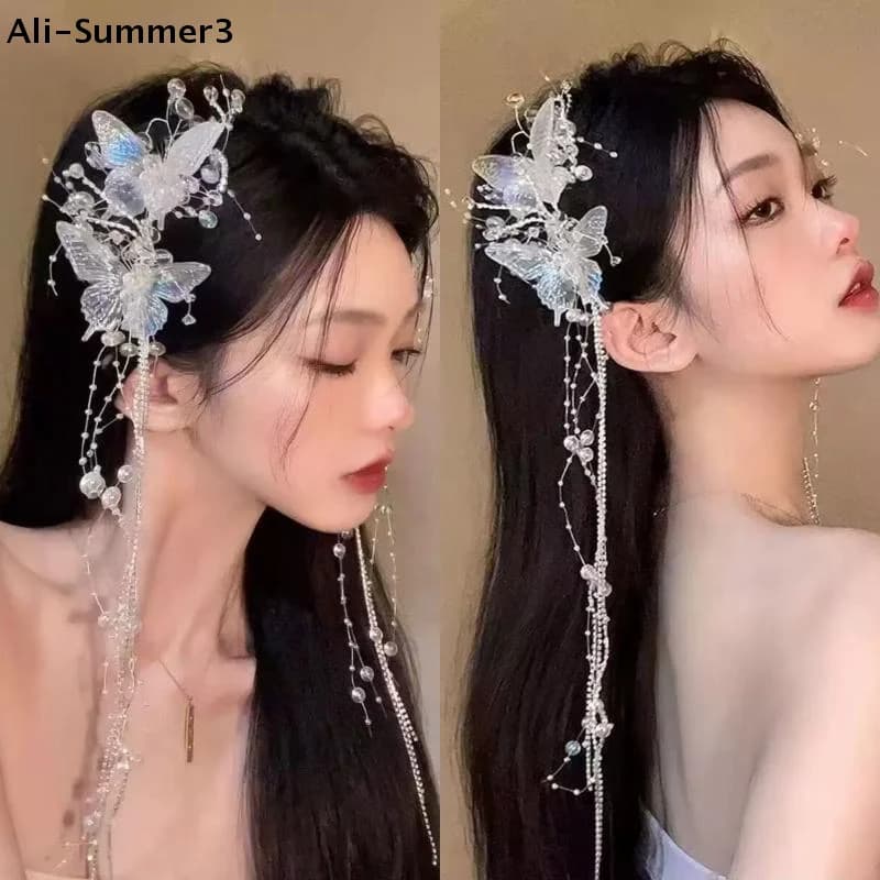 【AuHn】Fermaglio per capelli lungo a forma di farfalla con perline e nappe per donna, stile fata, dolce principessa, accessorio per capelli alla moda per la sposa
