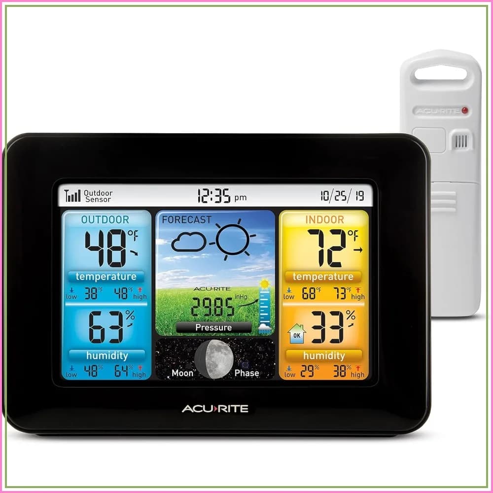 Wireless home weather station with color display, indoor and outdoor thermometer and temperature sensor