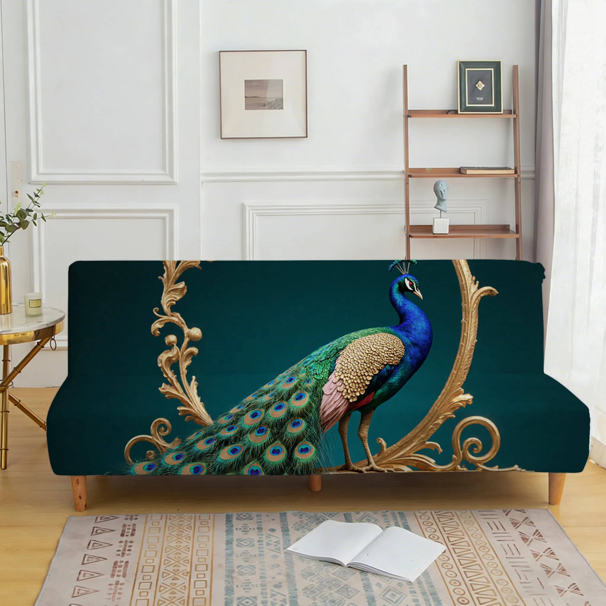 Covers with peacock print, elastic cover without armrests, protection for dustproof and non-slip furniture, washing machine
