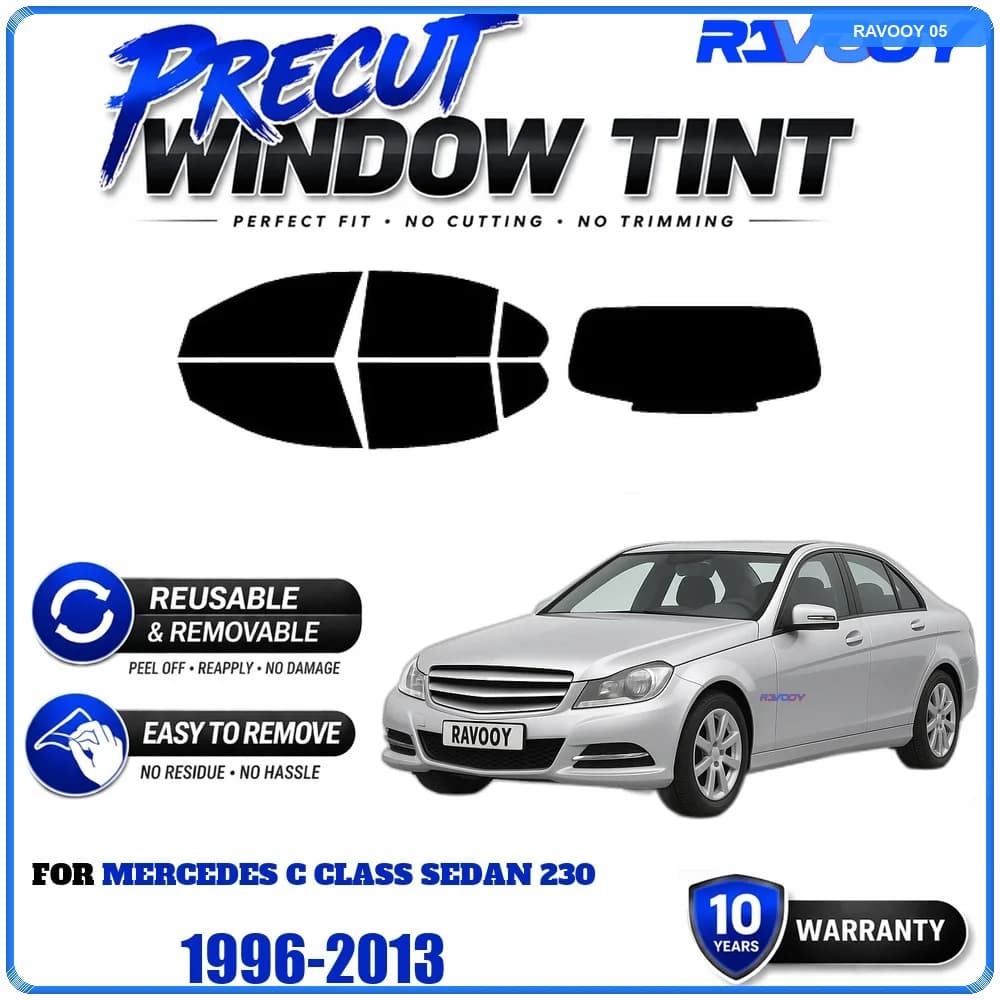 RAVOOY Precut Window Tint, Reusable Removable EPU Film, Custom Fit for Mercedes C Class Sedan 230 1996-2013, UV Heat Protection