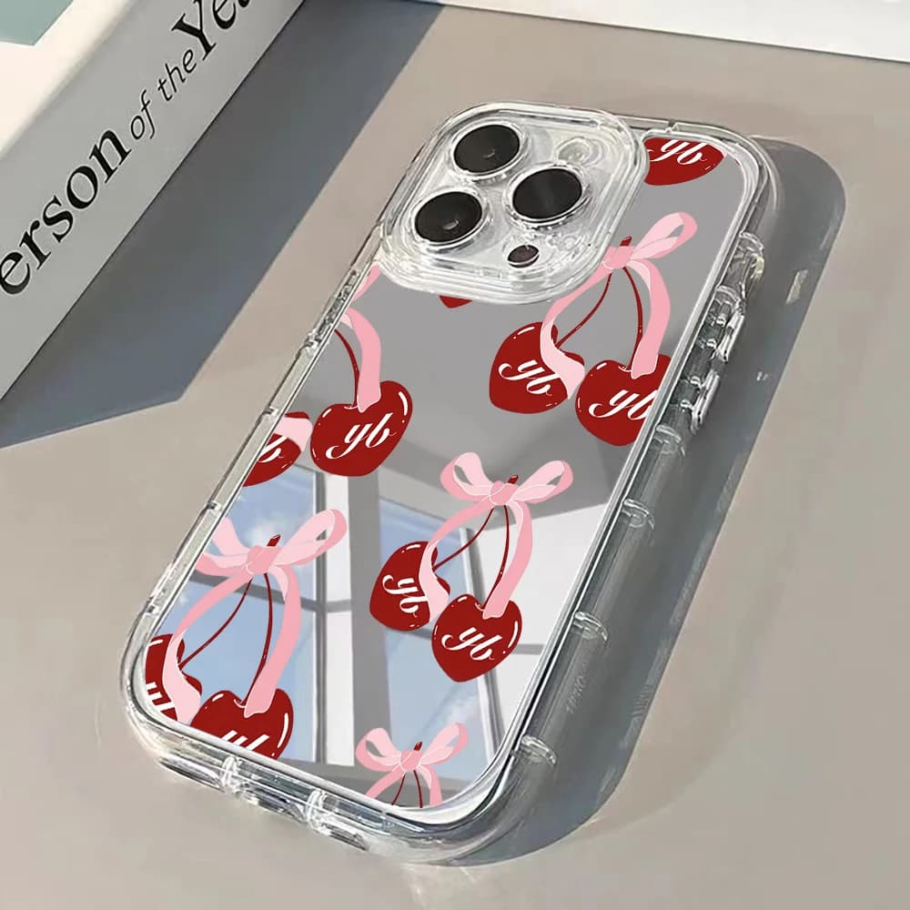 Simple Cherry Bow Air Cushion Mirror Phone Case For iPhone 17 13 12 11 Pro Max 14 15 16 Pro XR XS 8 Plus 17Air Shockproof Cover