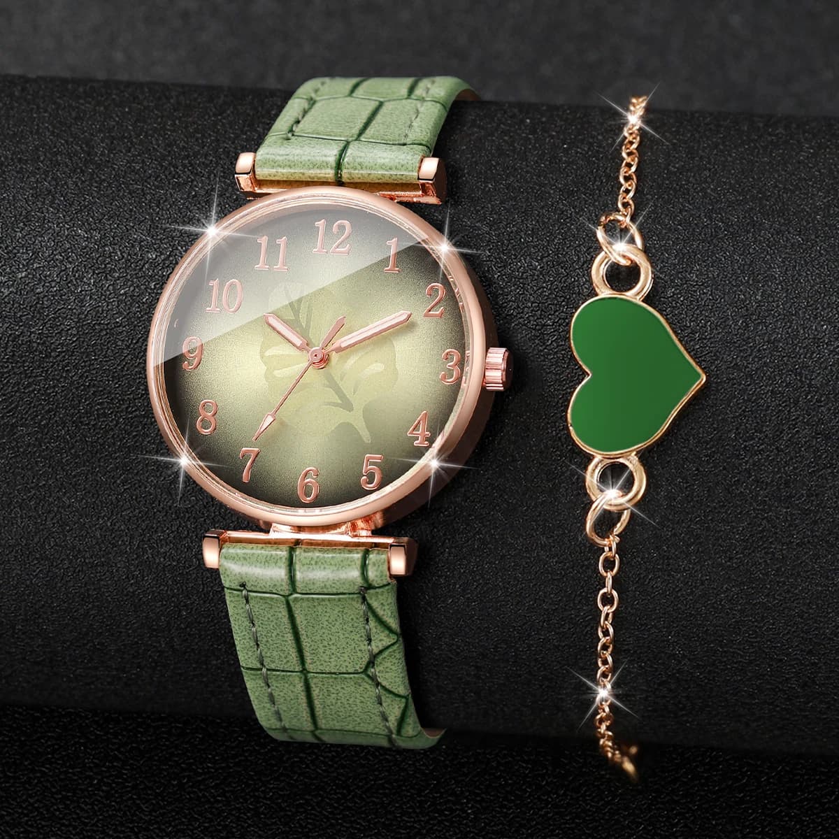 Set of 2 Women's Watches with Foil Dial, Elegant Leather Strap, Quartz Watches with Heart Bracelet, Reloj Mujer (Without Box)