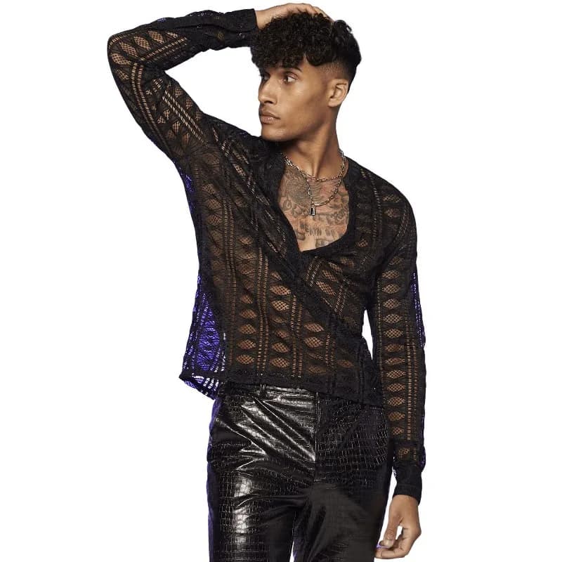 Camicia da uomo a maniche lunghe con colletto a risvolto e intagli, trasparente, in rete, stile europeo americano, disponibile
