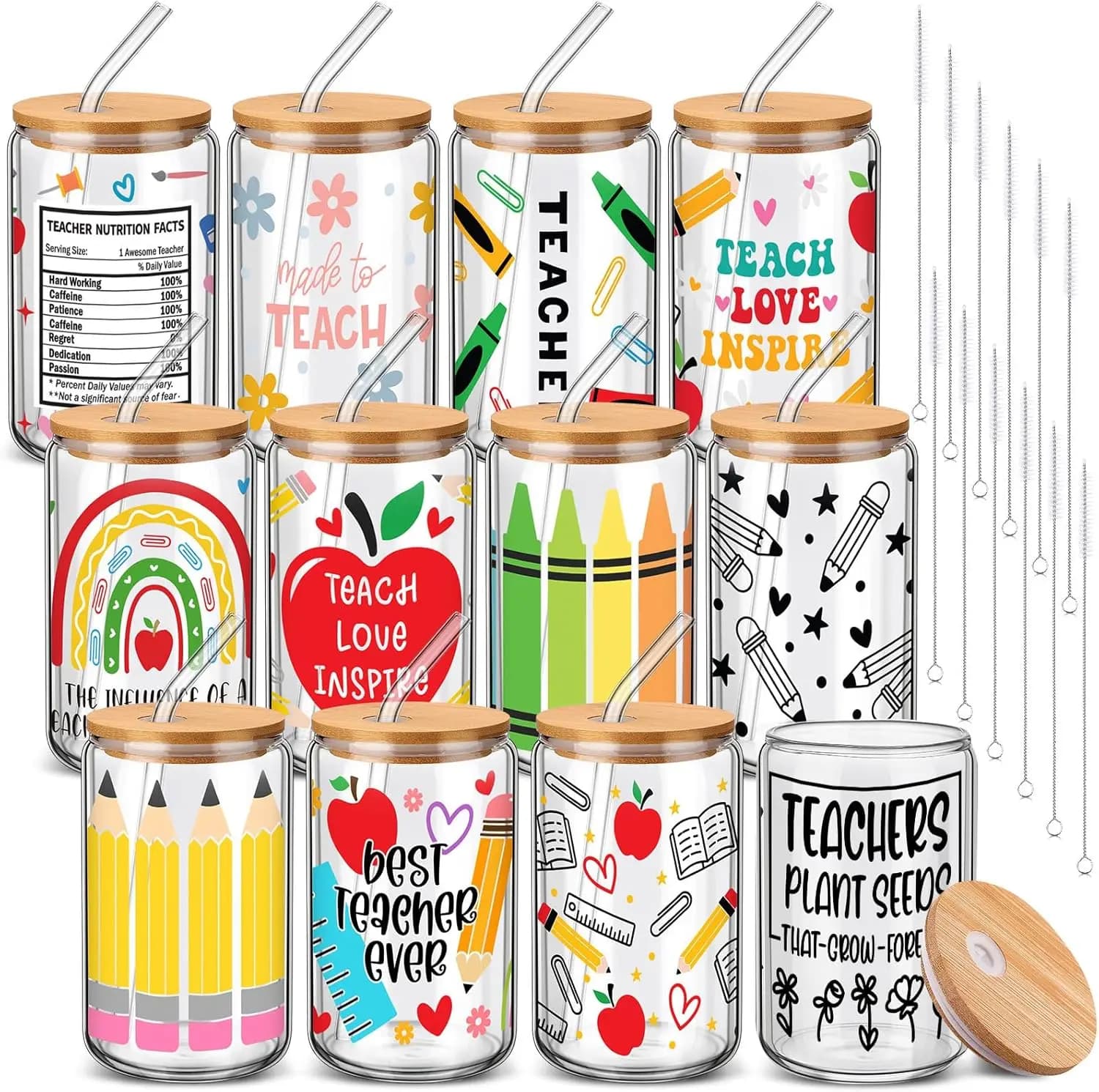 12 Sets Teacher Appreciation Gifts Bulk Glass Cup with Lid and Straw 16 oz Apple Crayon Pencil Iced Coffee Tumbler Thank You End