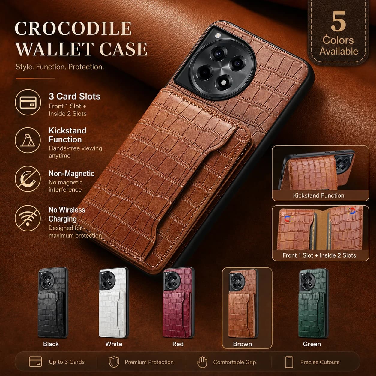 Denior Crocodile PU Leather Wallet Stand Phone Case For OnePlus 13 12 11 Ace 3 Pro Ace 2 Pro With 3 Card Slots Non Magnetic