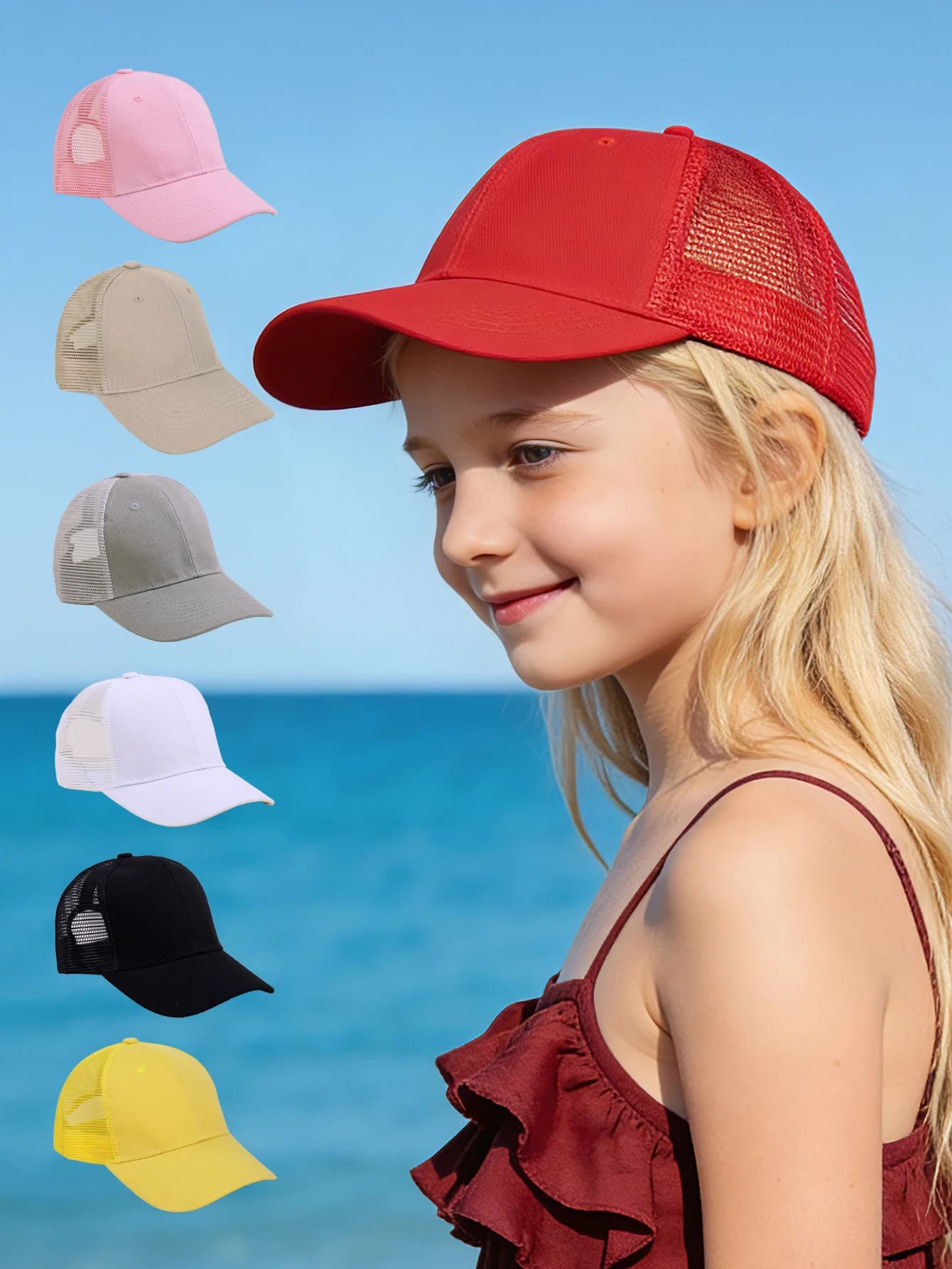 1 cappellino da baseball in rete tinta unita, cappello casual regolabile per esterni, adatto per ragazze e ragazzi dai 3 agli 8 anni, protezione solare per viaggi