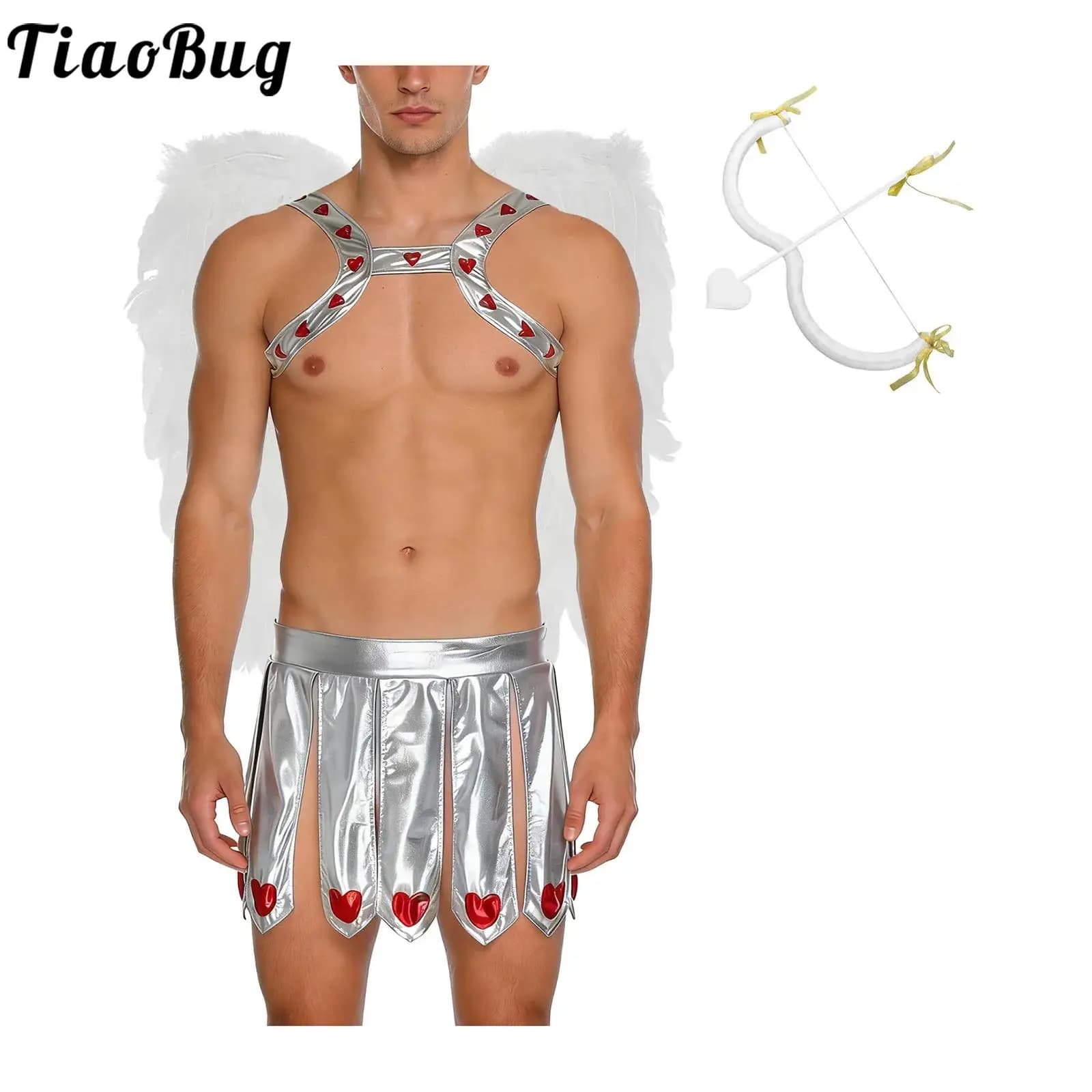 Costume da Cupido per Uomo, Cosplay di Principessa per Halloween, Imbracatura a Cuore, Gonne, Ali d'Angelo con Piume e Arco e Frecce per Festival e San Valentino