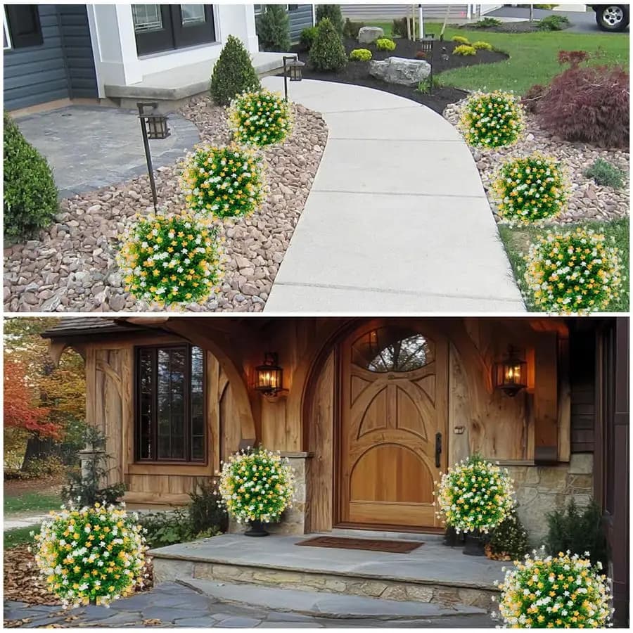 Set of 2 Artificial Bosso Balls with Support, 15.75 Inches, Fin Plants UV Resistant for Exterior, Finto Fiore Eververde