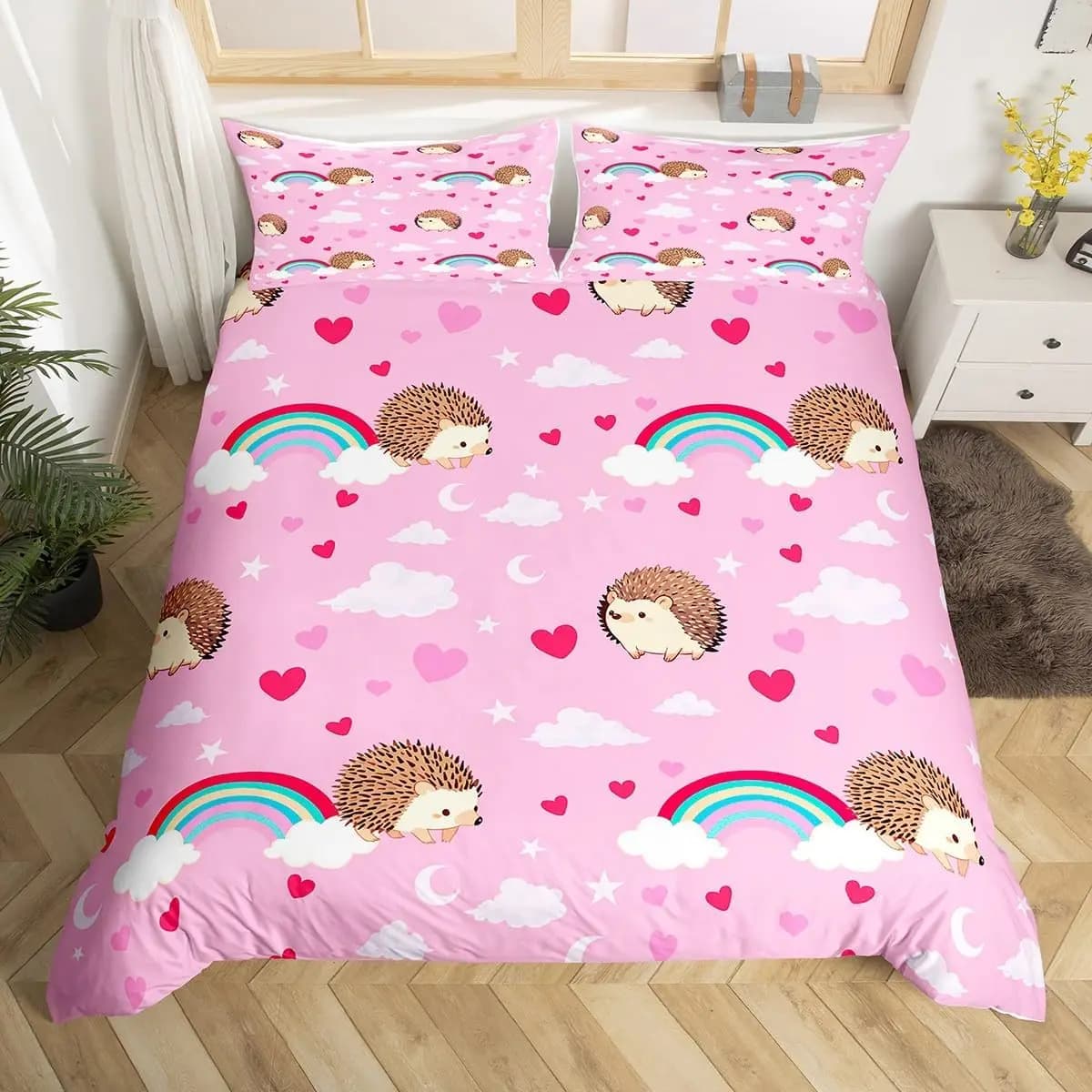 Copripiumino per animali da cartone animato per ragazze Set completo di biancheria da letto Queen Pink Love Heart per bambini adolescenti, copripiumino con stella arcobaleno con 2 federe