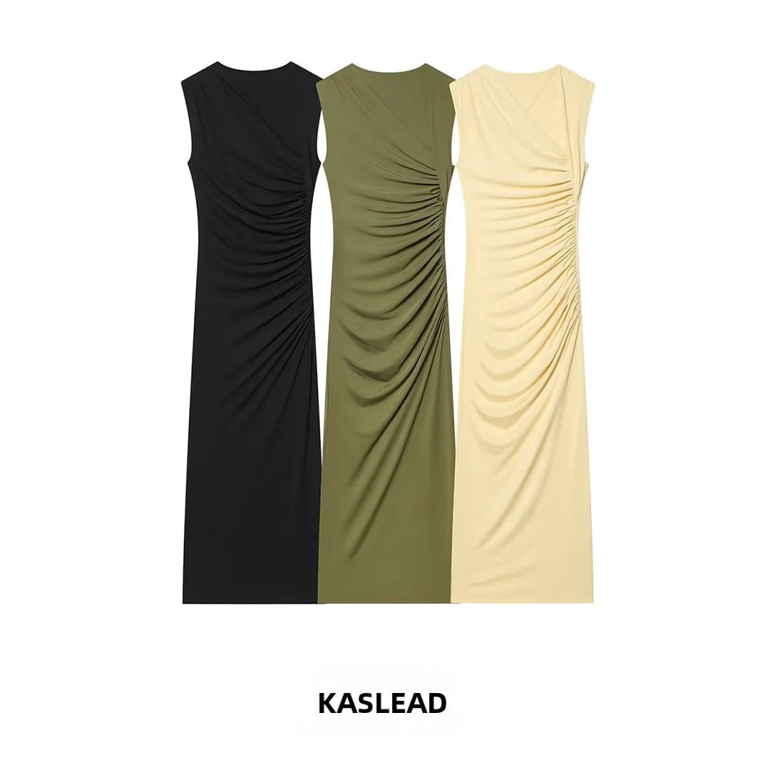 KASLEAD Fashionable Midi Dress Women's Slimming Pleated Wind Dress Pure Color Polyester Fiber Sleeveless Straight Cut Casual