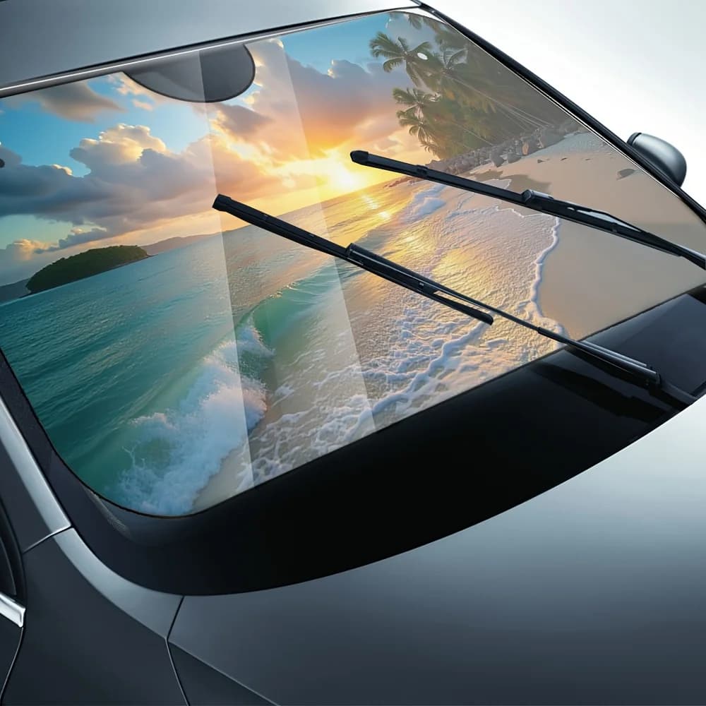 1pc, Car Windshield Sun Shade With Sunrise Beach And Palm Trees Design, UV Blocker, Protects Vehicle From Harmful Sun Rays, Hea