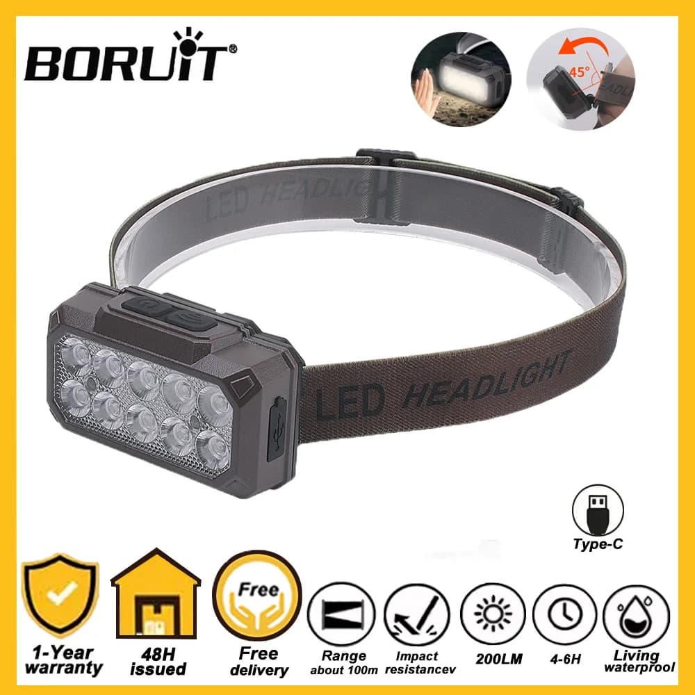 Lampada Frontale BORUiT con Sensore di Movimento, LED Ricaricabile con Batteria Integrata, Impermeabile, Lanterna da Lavoro per Campeggio e Pesca all'Aperto