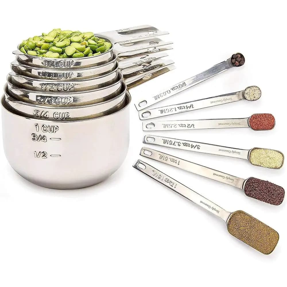 Measuring Cups & Spoons Set, 12, 18/08 Stainless Steel Kitchen Gadgets, Stackable Design with Long Handle Spoons, Spice Jars, Co