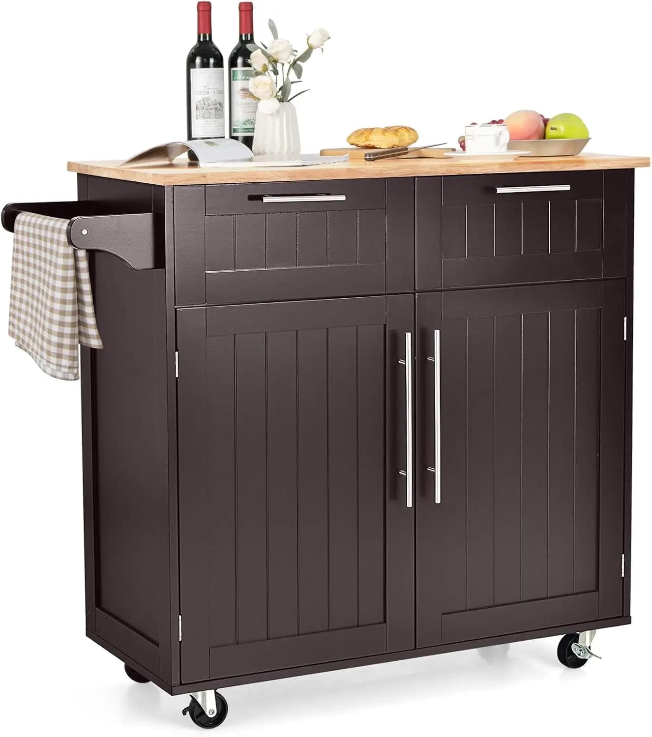 Isola da cucina su ruote, carrello da cucina con portasciugamani laterale, 2 cassetti, mobiletto a 2 ante, carrello portaoggetti con ruote