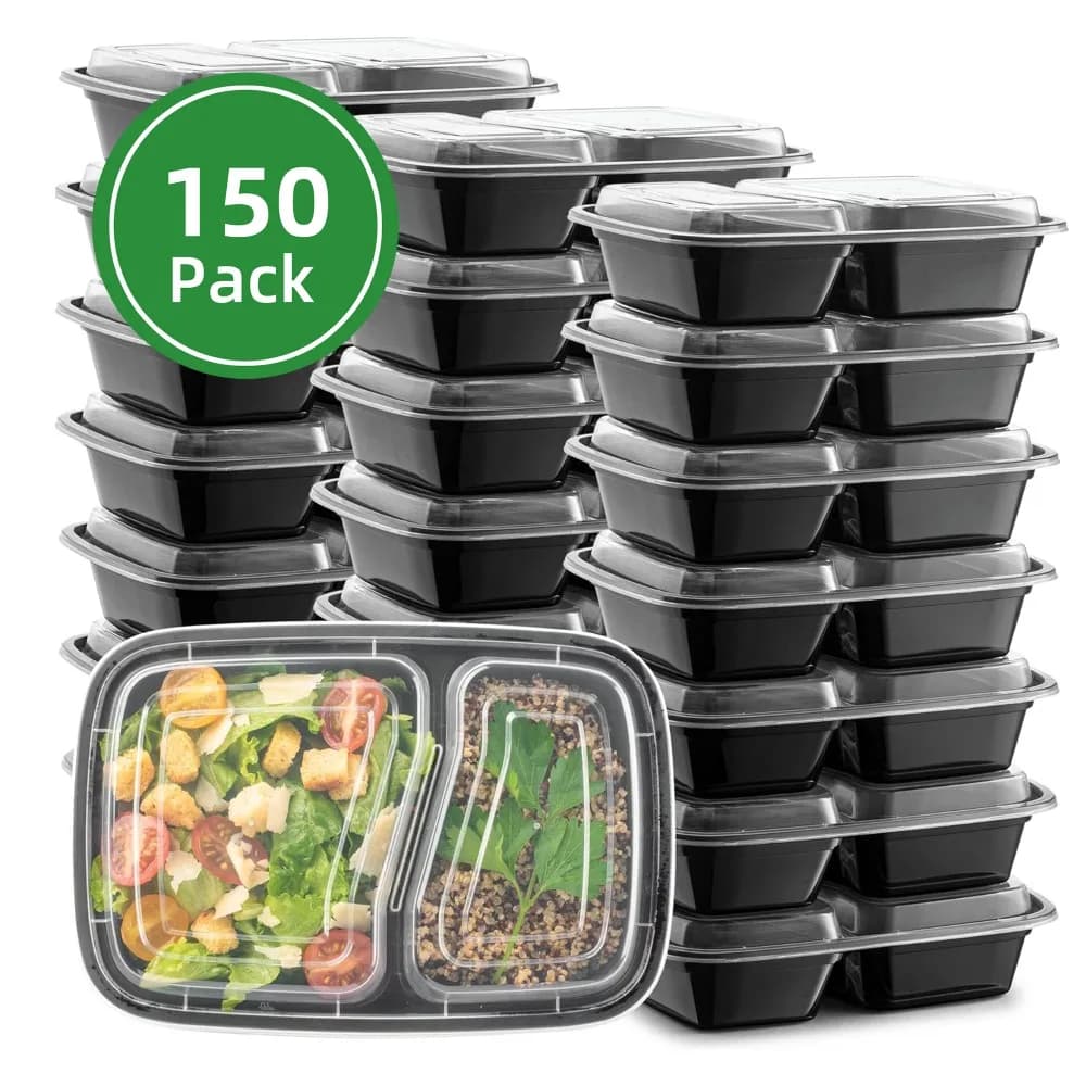 Confezione da 150 Contenitori Riutilizzabili per Preparazione Pasti da 28oz - Contenitori Apsic a 2 Scomparti per Alimenti da Asporto con Coperchi - Monouso