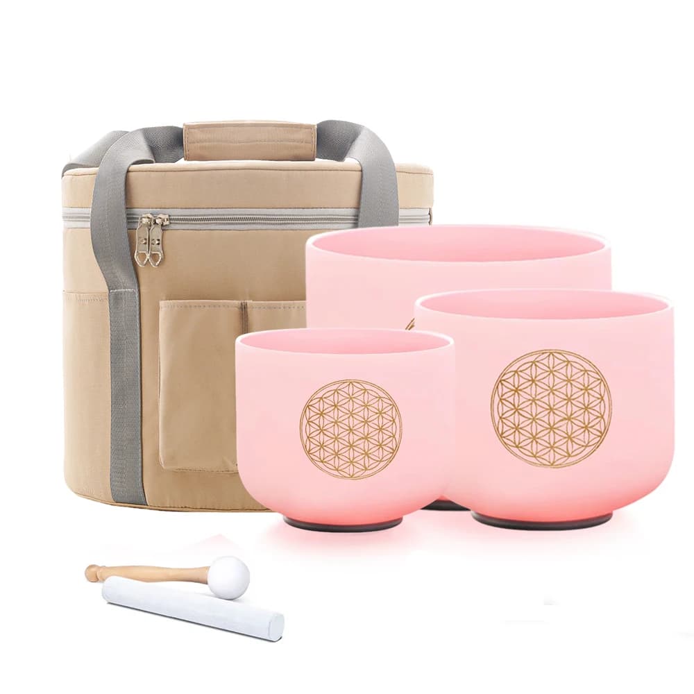 Hye-eun 7-11inch Life Flower Design Pink Crystal Singing Bowls Chakra Set of 3pcs Tibetan Bowl with Bags for Yoga Sound Healing