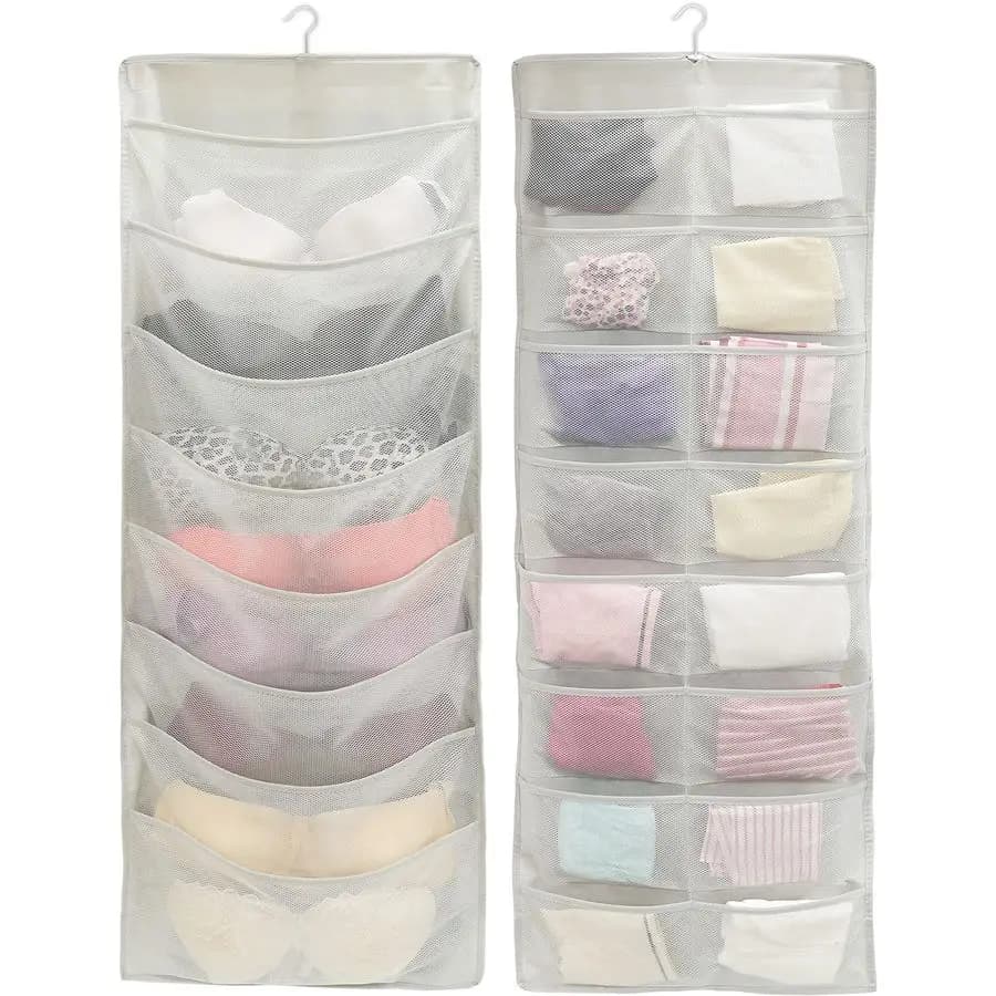 Organizzatore appendibile a doppio lato per armadio, porta reggiseni e biancheria intima a 24 tasche con gancio girevole, in tessuto a rete, grigio, 1 pezzo