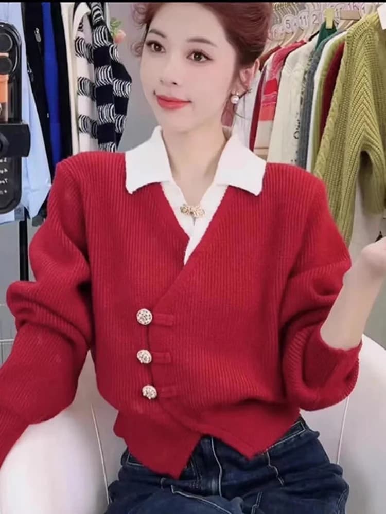 Nuovo Set Moda Donna in Stile Cinese Chic Autunno 2024, Maglione Lavorato a Maglia e Jeans Lunghi con Colletto e Bottoni