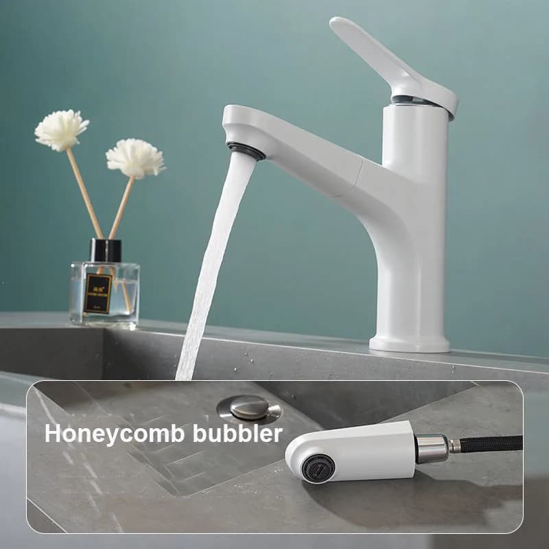 Rubinetto per lavabo da bagno estraibile bianco, miscelatore flessibile per lavello da cucina con acqua calda e fredda montato su piano con modalità doccia a flusso