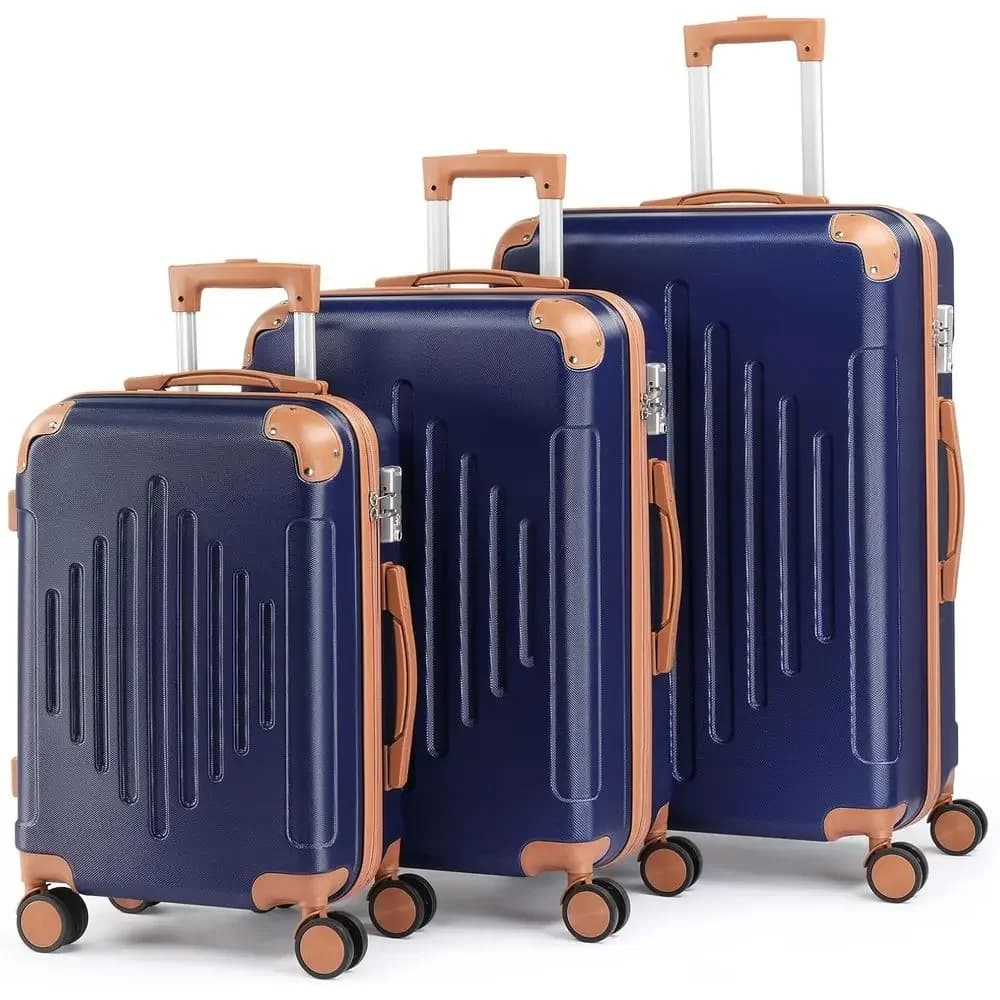 3-Piece ABS Luggage Set with TSA Lock, 4 Spinner Wheels, Carry-On & Check-In Sizes, Navy Blue & Brown