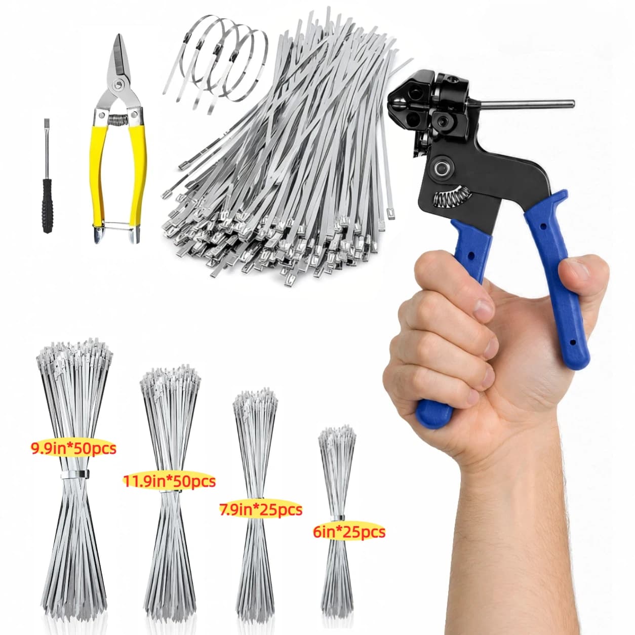 304 Stainless Steel Cable Tie Gun Set, Cable Tie Gun Kit, 201 Lbs Tensile Strength and UV-Resistant Self-Locking Metal Zipper for Agricultural Fencing, Pipe Installation, Construction, and Automotive Applications – Heavy-Duty Fastening System