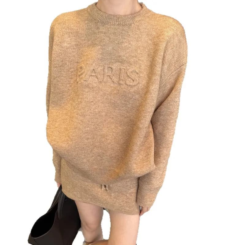 Complete Casual Two Pieces with Relief Letters, Outfit with Long Sleeved Knit sweater and Wool skirt, Coordinated Warm and Comfortable for Women