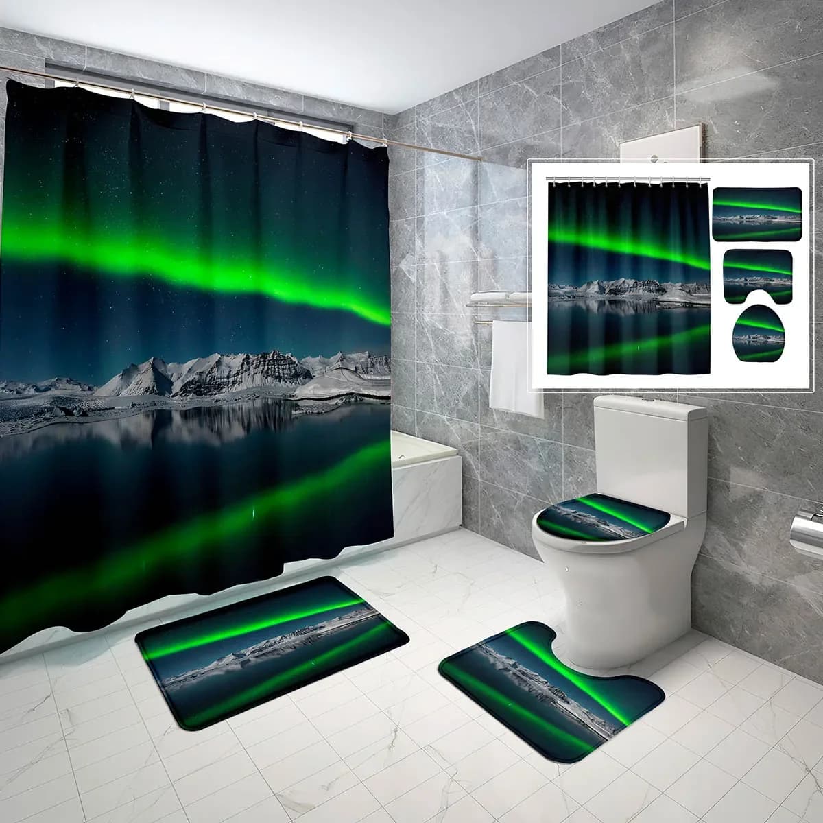 Set di 4 Pezzi Tenda Doccia Effetto Aurora Boreale con Copriwater, Tappetino Antiscivolo e Tenda da Bagno Impermeabile con Scenari Naturali