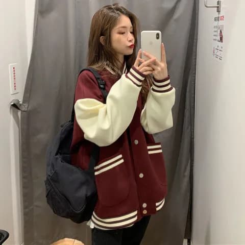 Loose American Baseball Jacket Women's Student Style Retro Hong Kong Flavor Autumn Winter Trendy Outerwear Long Sleeve Casual