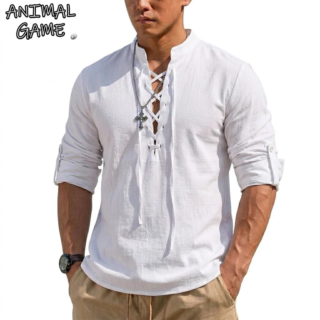 Nuova Camicia Rinascimentale in Cotone e Lino per Uomo, Maniche Lunghe, Costume di Halloween, Camicia Hawaiana, Stile Pirata Medievale Vichingo, Elegante