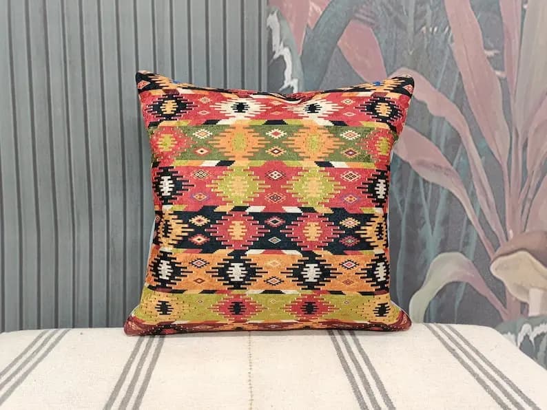 Vibrant Multicolor Aztec Tribal Geometric Turkish Rug Throw Pillow Cover Eclectic 24x24 Inch Euro Sham Sofa Decor Cushion Cover