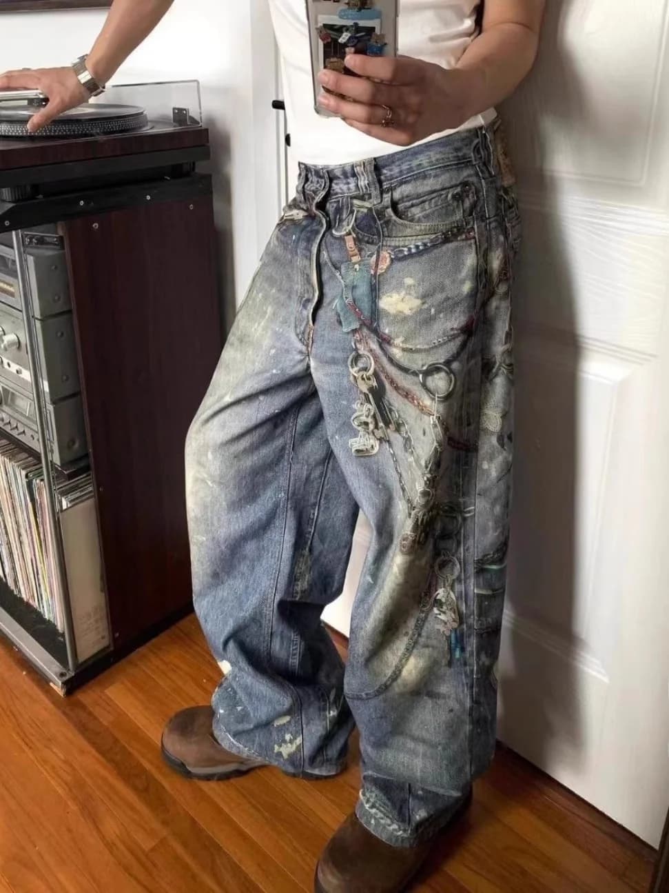 Nuovi Jeans a Gamba Dritta con Stampa 3D, Stile Americano, Trendy, Effetto Usurato, Pantaloni Lunghi con Rilievi per Adolescenti