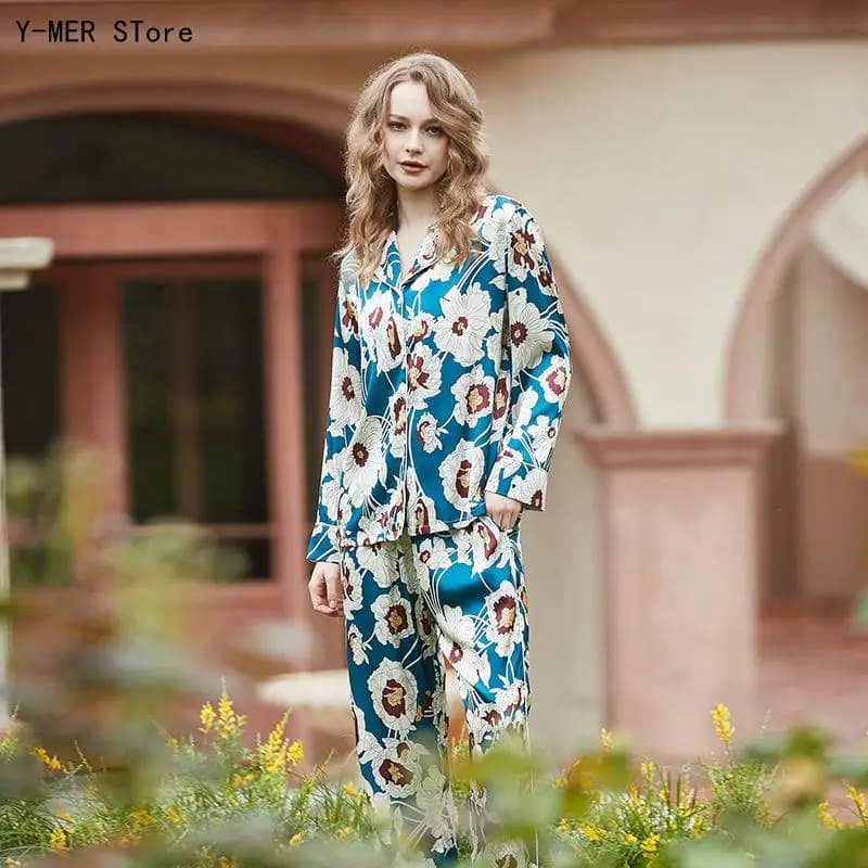 Women Ice Silk 2 Piece Pajama Set Long Sleeve Long Pants Blue White Floral Print Ladies Home Loungewear Sleepwear Outfit