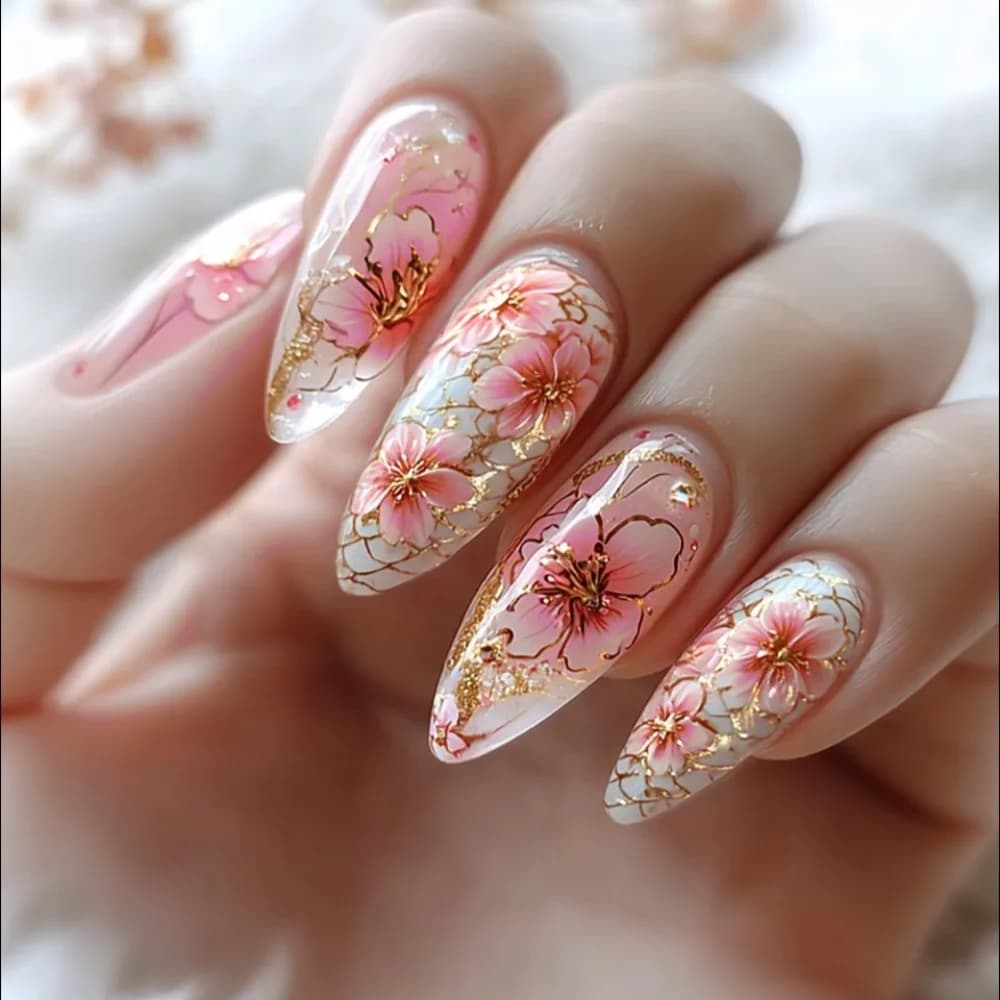 24pcs flower design full cover false nails tips almond with pink Smudge press on nails art wearable glitter stripe long fake nai