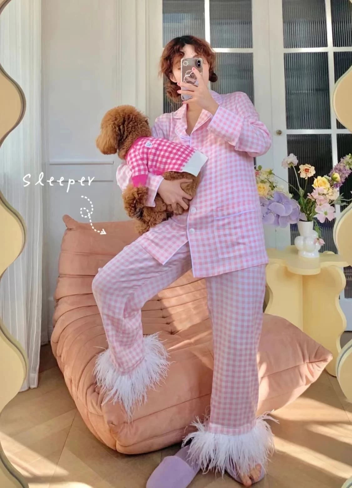 Long-sleeved ostrich feathers Set of two pieces pajamas for women clothes for luxury home pajamas of Scottish feathers pink party clothing new