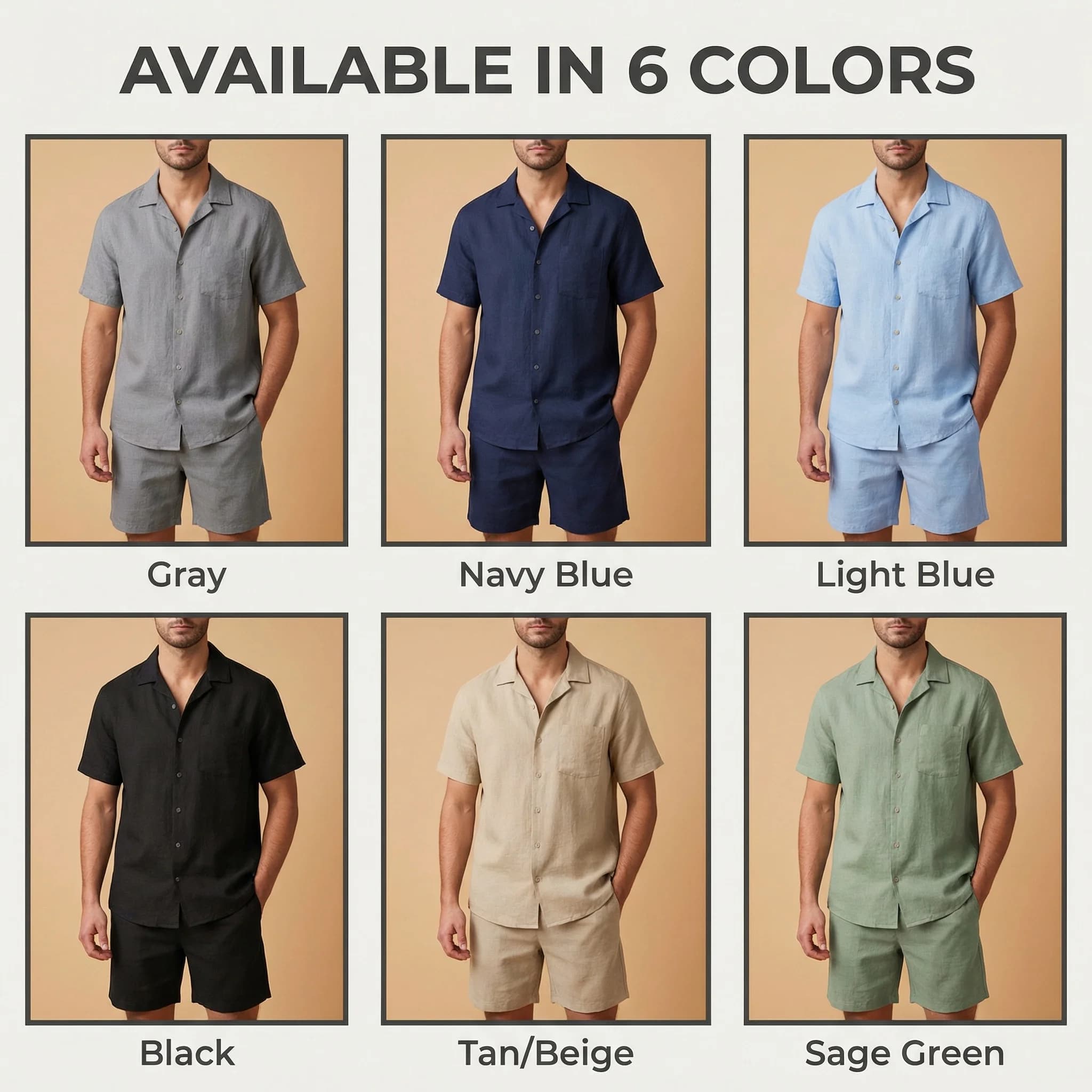 Completo estivo casual da uomo in due pezzi: camicia a maniche corte e pantaloncini, set tinta unita traspirante, adatto per le vacanze al mare