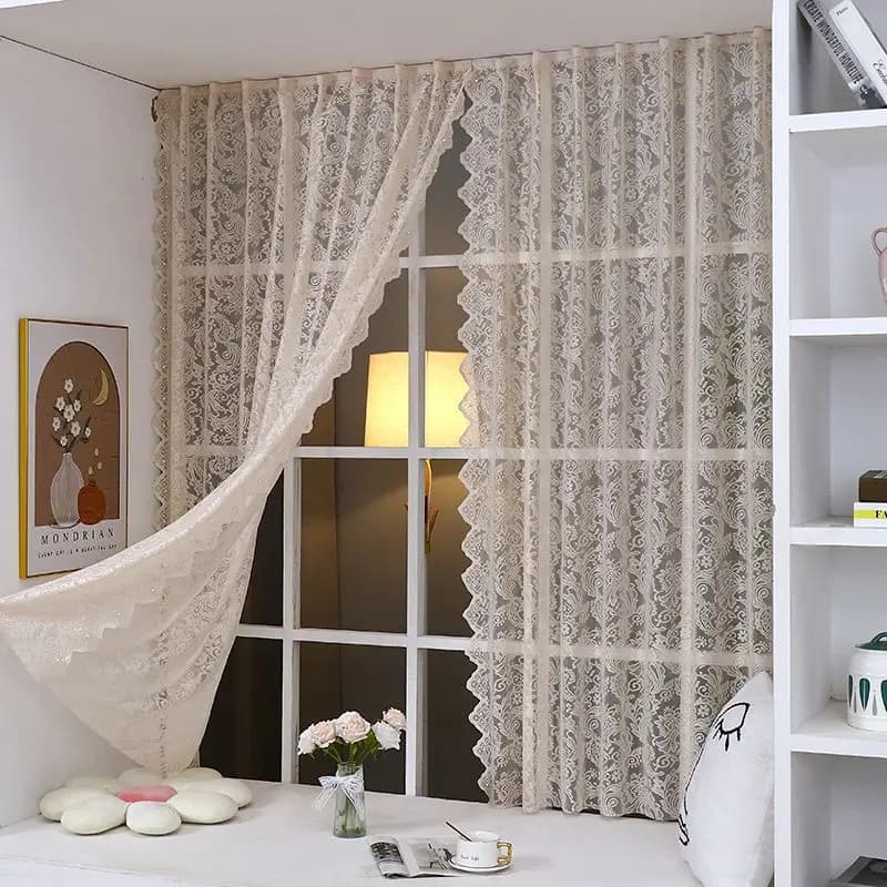 French-Style Beaded Beige Lace Window Sheer Curtain, Princess-Style Decorative Curtain, No-Drill Rod-Pull Curtain for Living Room, Bedroom, Balcony