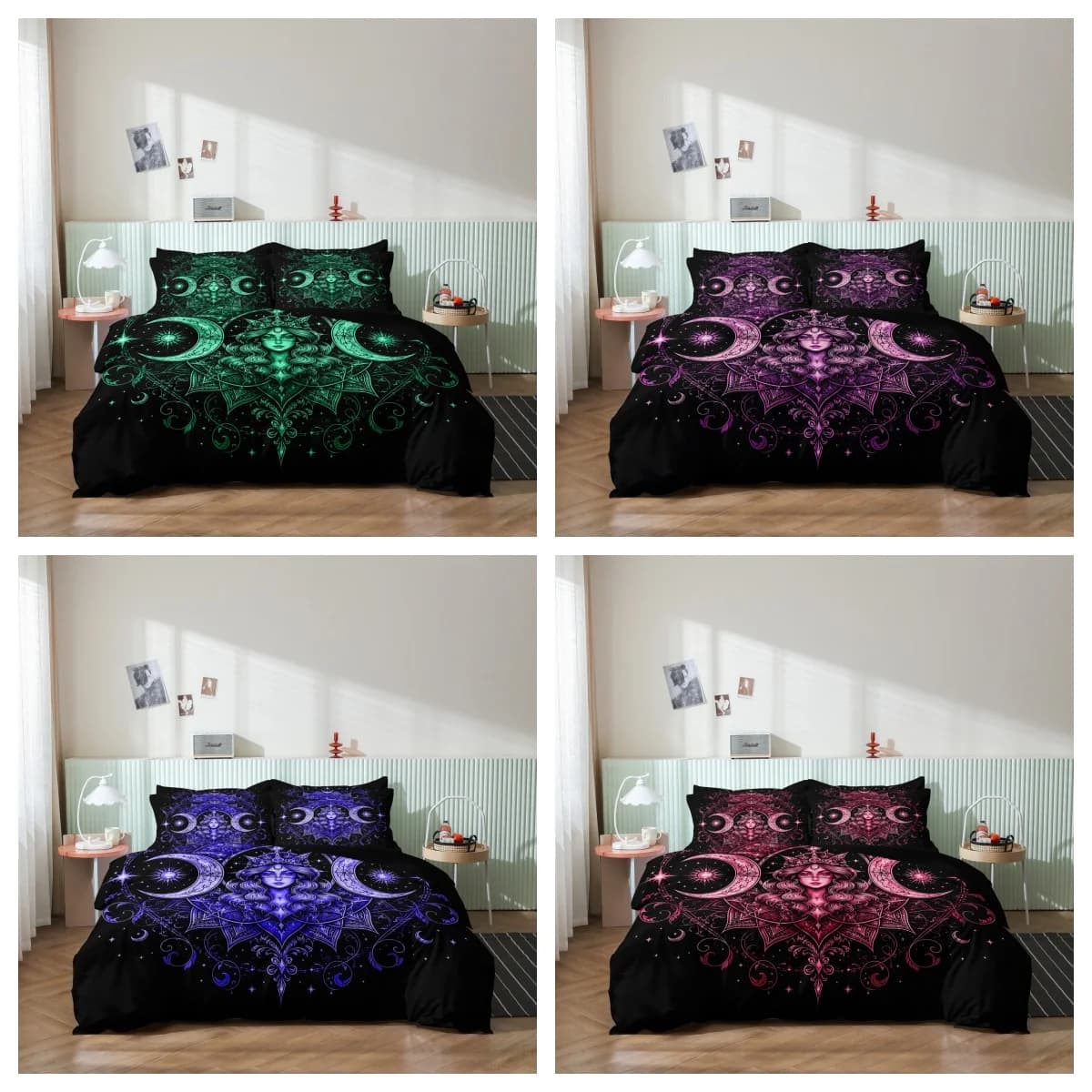 Set 3 Pezzi Copripiumino Gotico Dea Stellata e Luna, Biancheria da Letto Verde Fresco con Mandala Botanico, Decorazione a Tema per Hotel e Dormitori