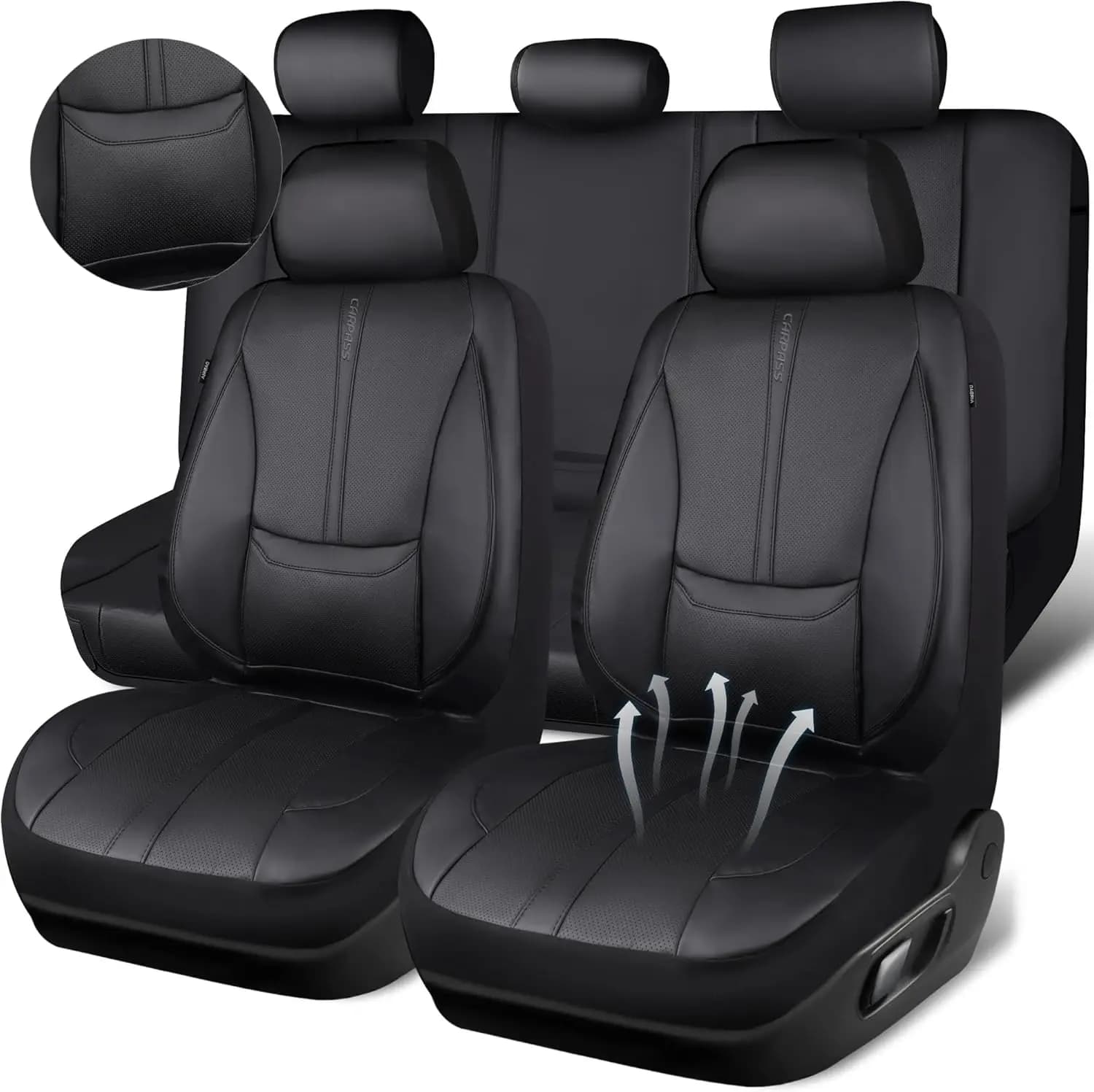 Car Seat Covers Leather Nappa Waterproof, Complete Set with Lombare Support, Universal Adaptation for Auto SUV Truck, Black