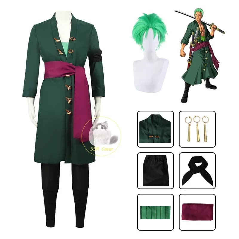 Anime Roronoa Zoro Cosplay Costume Uniform Coat Green Belt Trousers Head Scarf Roronoa Zoro Wig Halloween Earrings Man Dresses