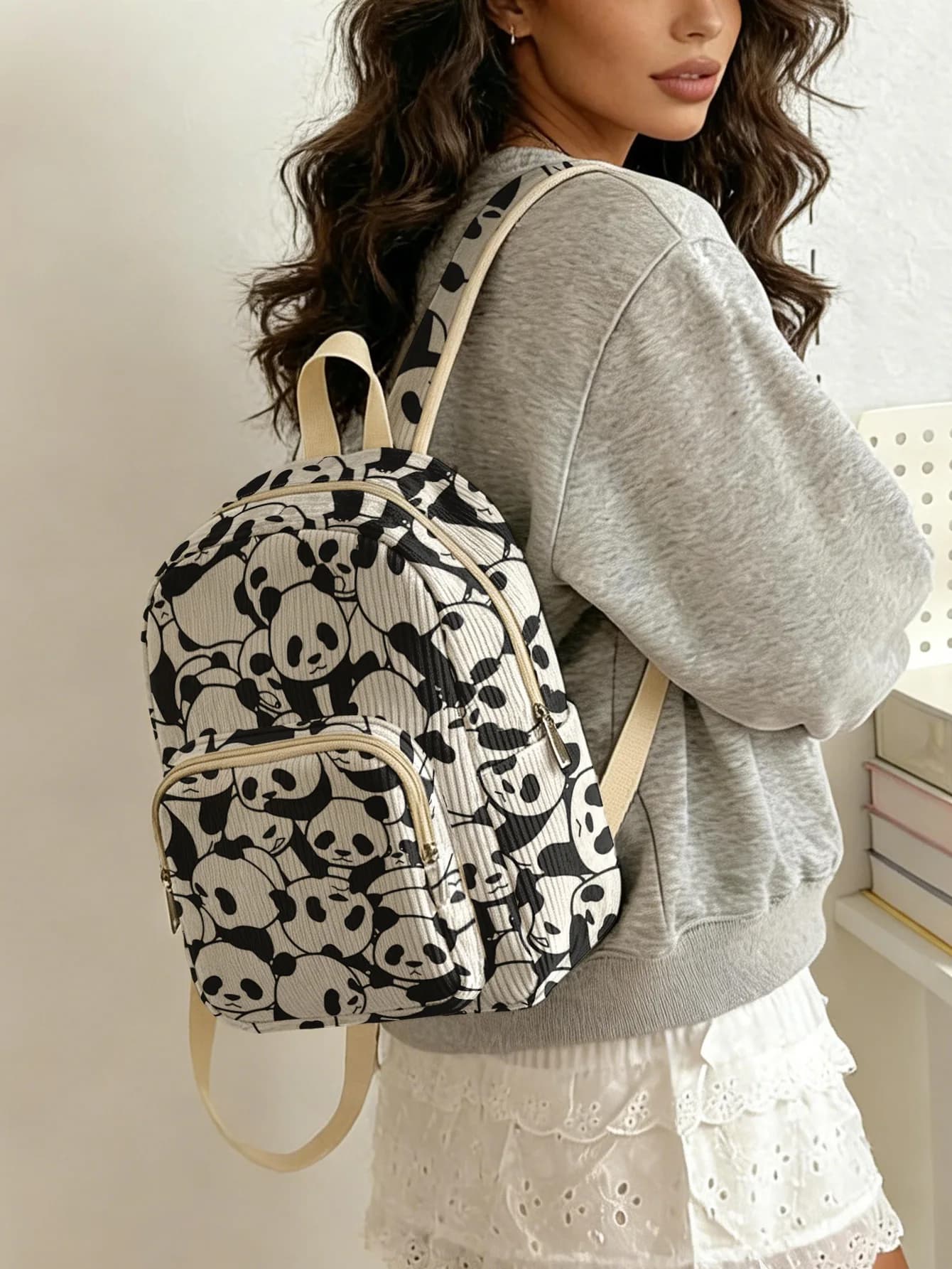 Cute Panda Allover Print Women Fashion Backpack Corduroy Multi-pocket Large Capacity Commuter Bag
