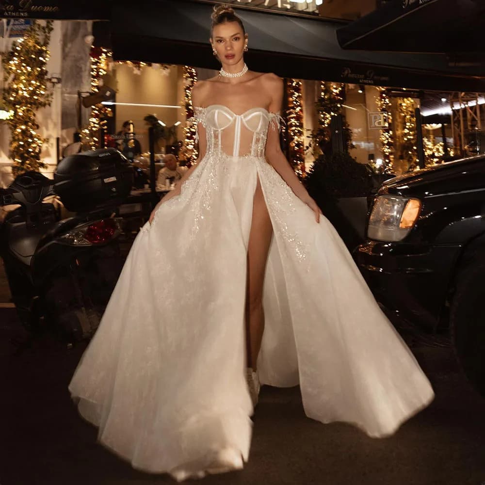 Lace Wedding Dresses Glitter Sequined Applique Sexy Wedding Gowns for Women Off the Shoulder Sweetheart A Line Bridal Dress