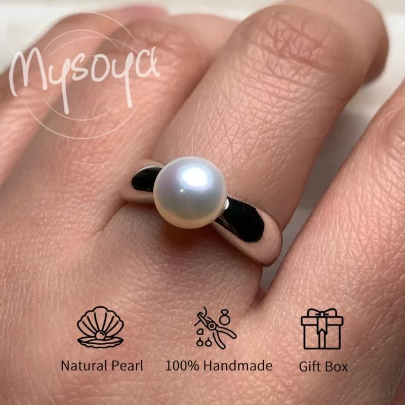MYSOYA Anello con perla d'acqua dolce bianca da 8-9 mm con confezione regalo per lei/lui Compleanno/Boda/Natale/Capodanno/Regalo di anniversario