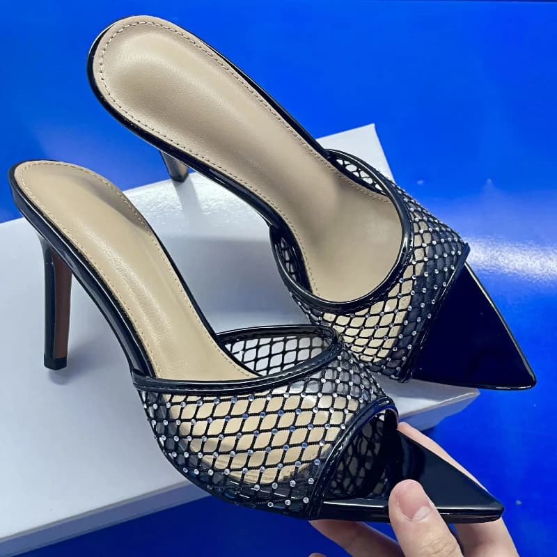 Summer Women's High-heeled Sandals Sheepskin Black Grid Rhinestone High-heeled Slippers Stiletto Pointed Open-toe Slippers