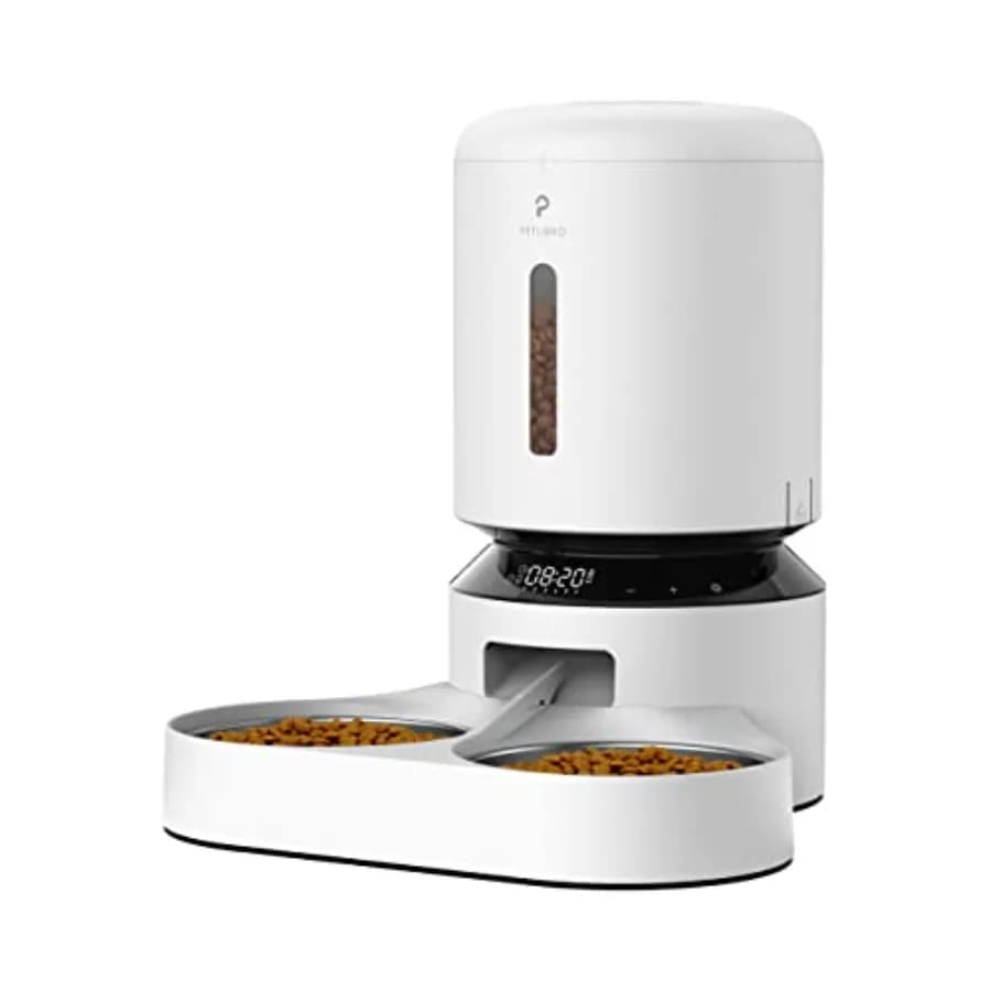 Distributore Automatico di Cibo per Gatti e Cani (2 Animali Domestici) da 5L, Dispenser Automatico di Cibo Secco con Separatore e 2 Ciotole in Acciaio Inossidabile, 10 Programmazioni Pasto
